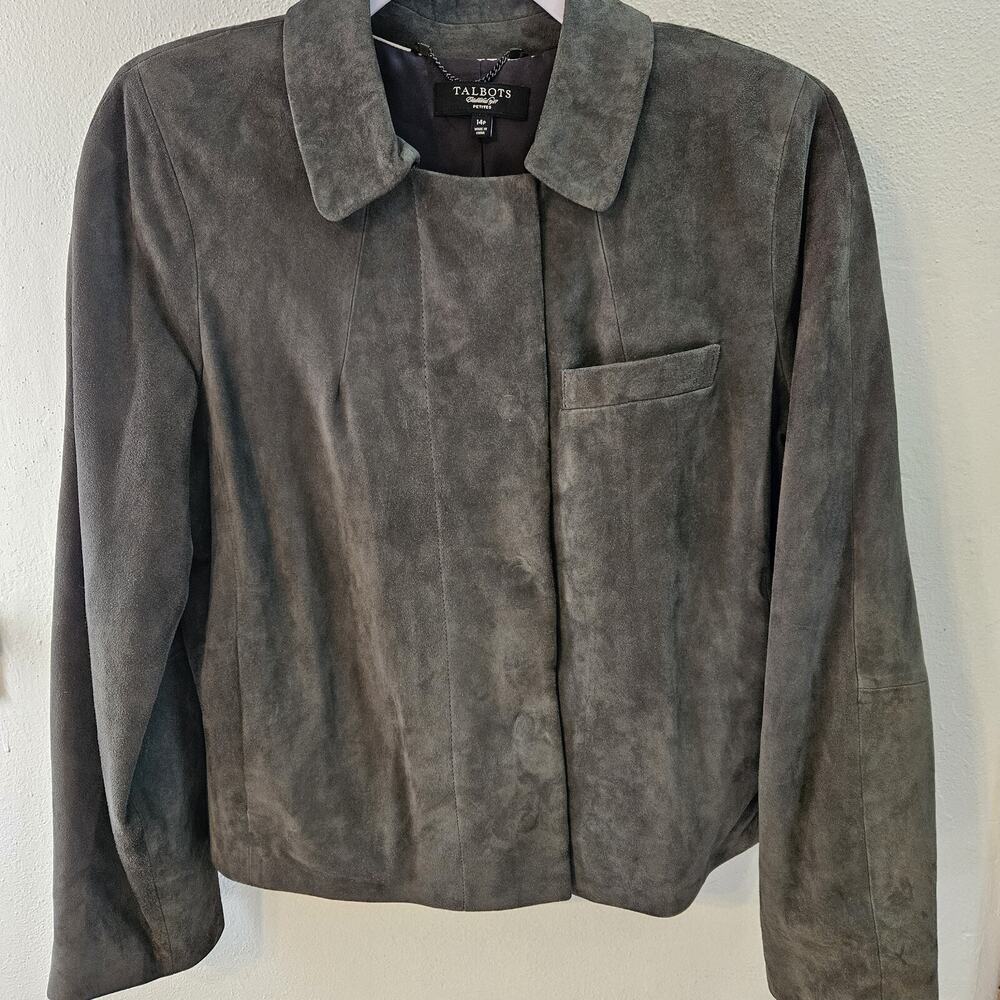 Talbots Women's DK. Olive Green Suede Lined Size 14P Jacket Fall Shacket Snaps